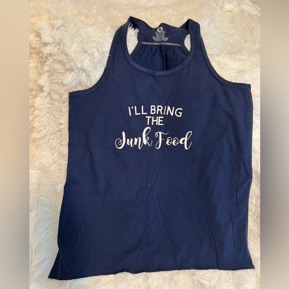Blue Graphic Tank Top - racer back I’ll bring the junk food